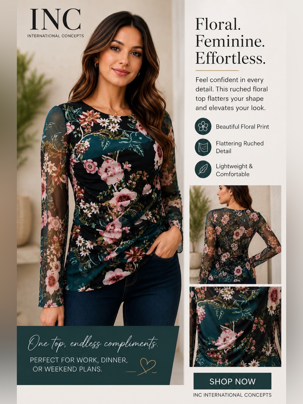 INC International Concepts Dark Teal & Pink Floral Ruched Long-Sleeve Top